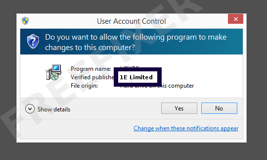 Screenshot where 1E Limited appears as the verified publisher in the UAC dialog